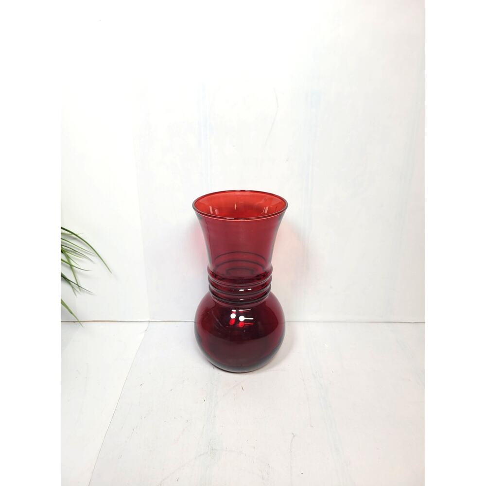Vintage Anchor Hocking Royal Ruby Red Glass Vase 3 Triple Ring Banded 6.5" MCM
